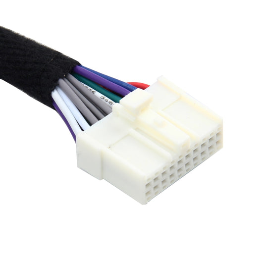 Car radio wiring harness with white multi-pin connector and color-coded wires