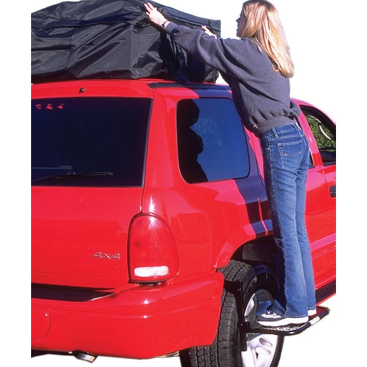 Rear tyre-mount folding car step ladder with black textured platform for SUV access