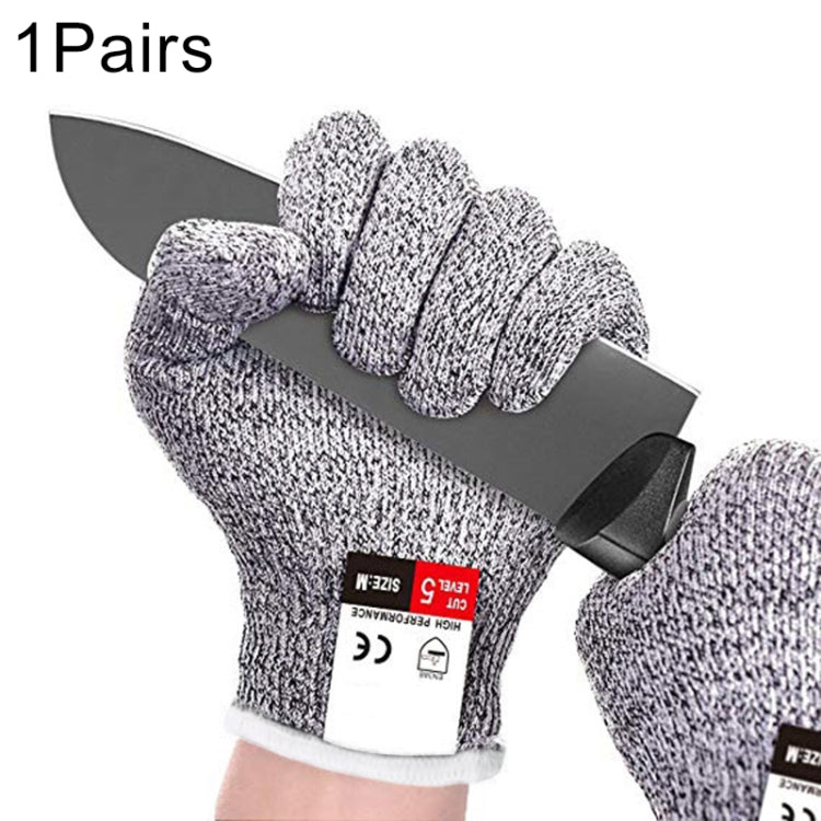 Pair of cut-resistant gloves, speckled gray knit, black cuff and protective wrist strap