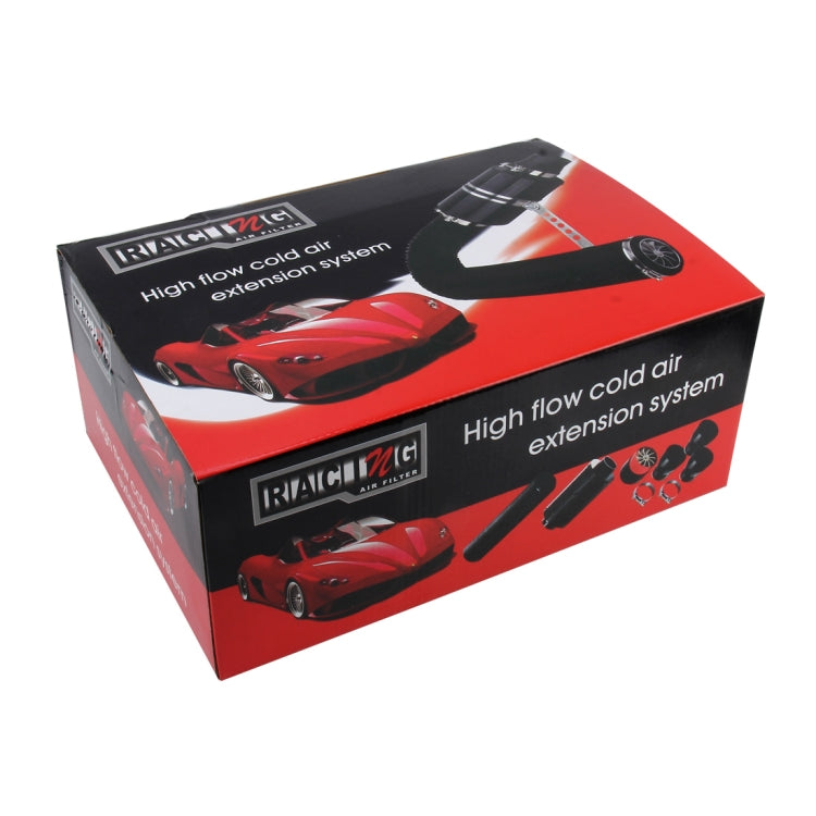 High flow cold air intake extension system box with red and black graphics