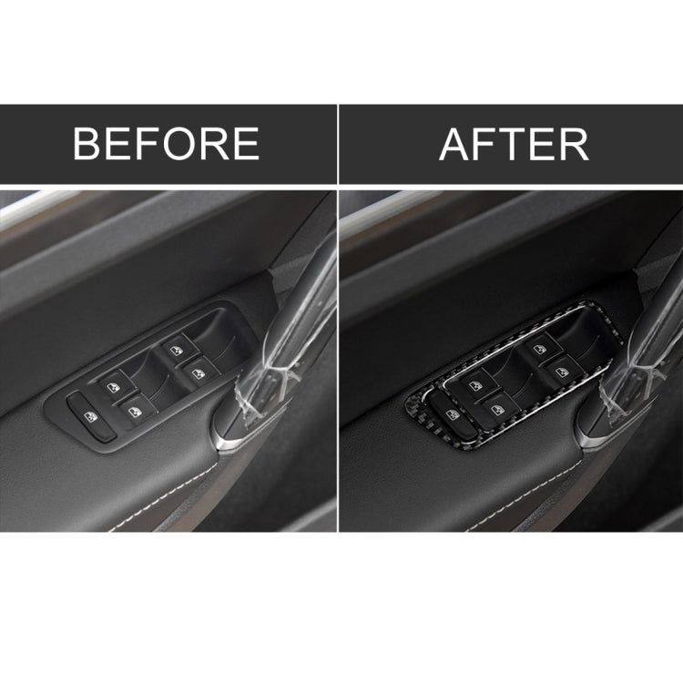 Window lift switch trim sticker before-and-after view on a dark car door panel