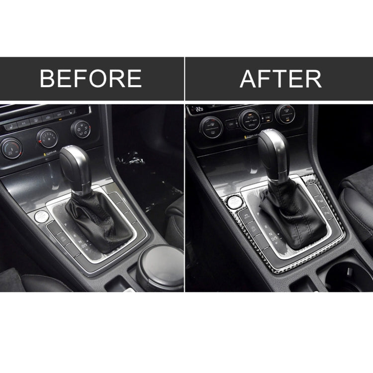 Before-and-after view of carbon fiber-style trim sticker on gear shifter panel