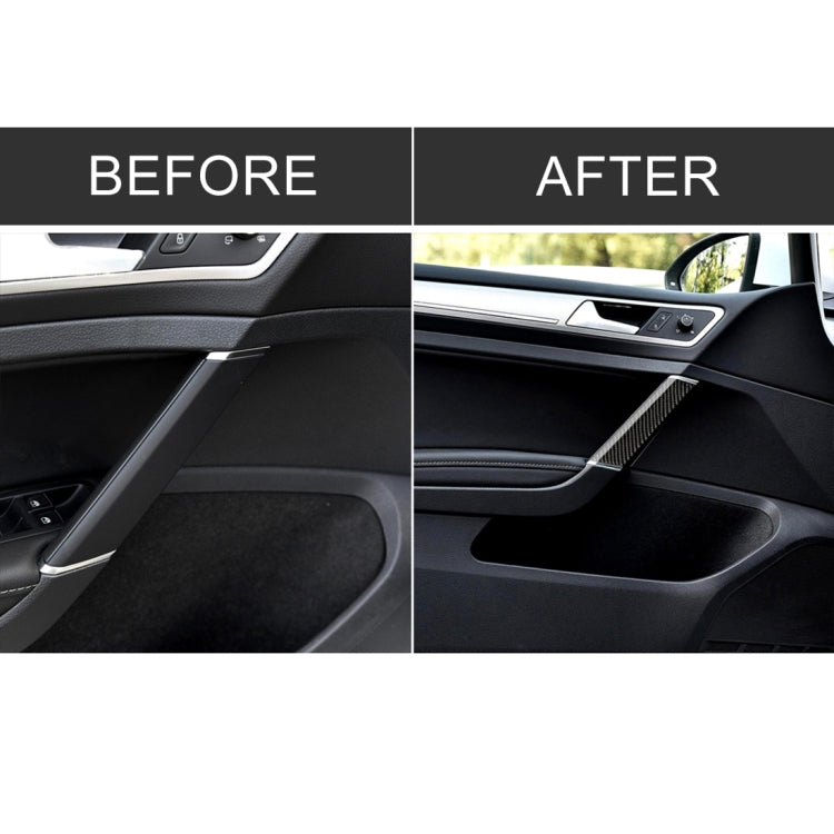 Car door panel with black carbon fiber door handle trim strip installed