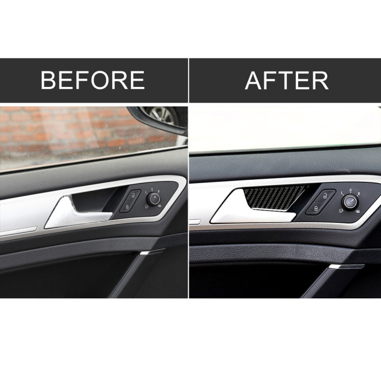 Split view of car door inner handle wrist panel with carbon fiber sticker vs plain trim