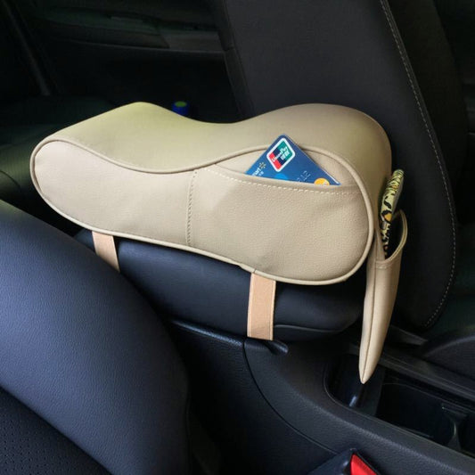 Beige PU leather car armrest box with memory foam pad and card slot phone holder