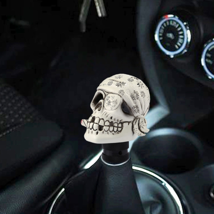 Pirate skull gear shift knob cover, white skull with patterned bandana and ridged base