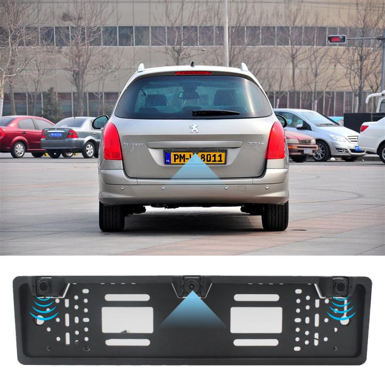 License plate camera frame with parking sensor icons installed on rear of car