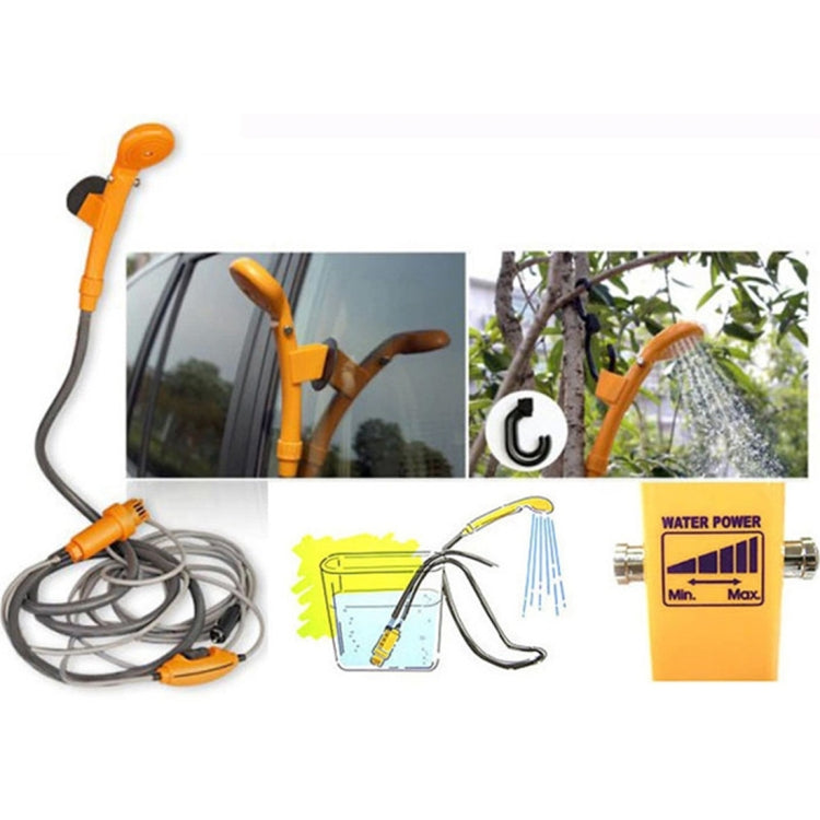 DC 12V car shower set shown in use with sprayer, hose, and adjustable spray control