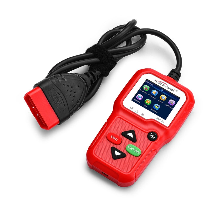 KONNWEI KW680 mini OBDII scan tool with red casing, black cable, and color touchscreen