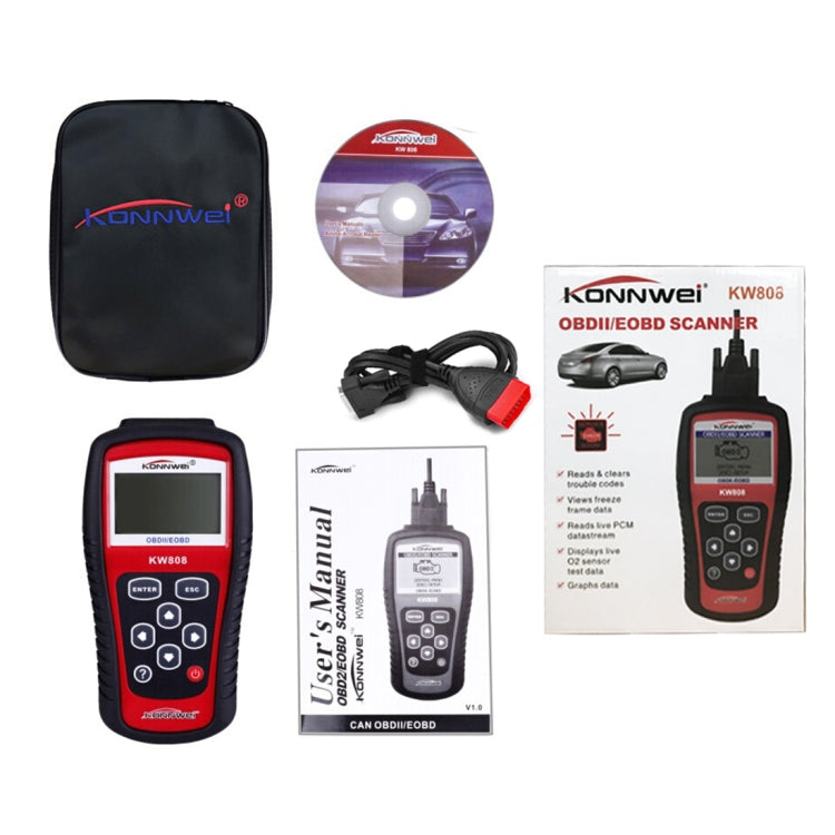KONNWEI OBD2 scanner kit with handheld device, cable, pouch, manual, CD, and box