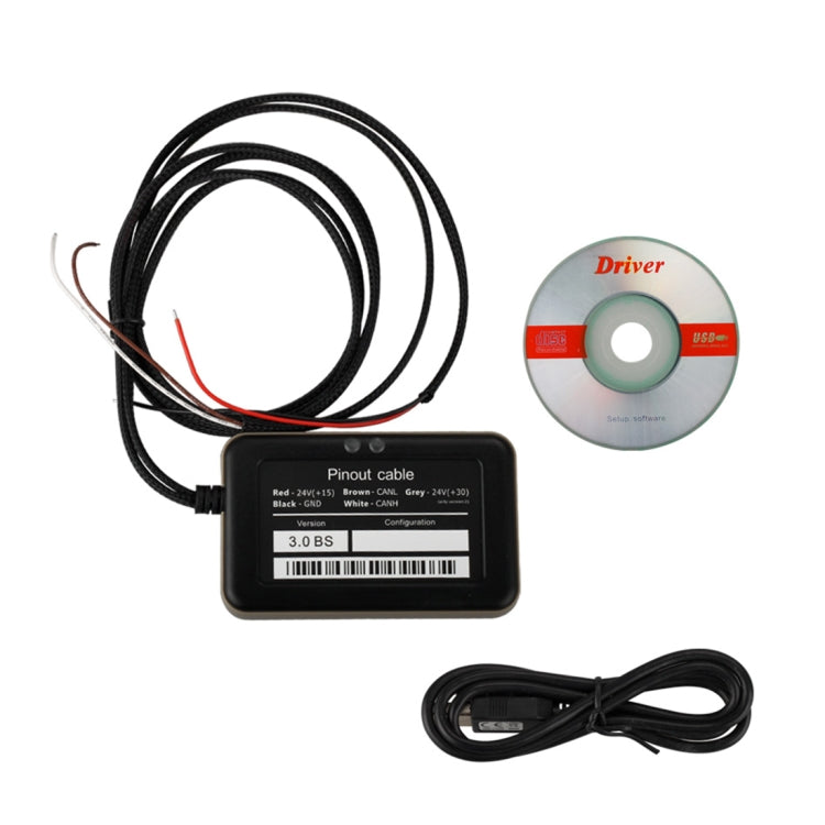 OBD2 emulator kit with pinout cable module, braided wiring, and driver disc