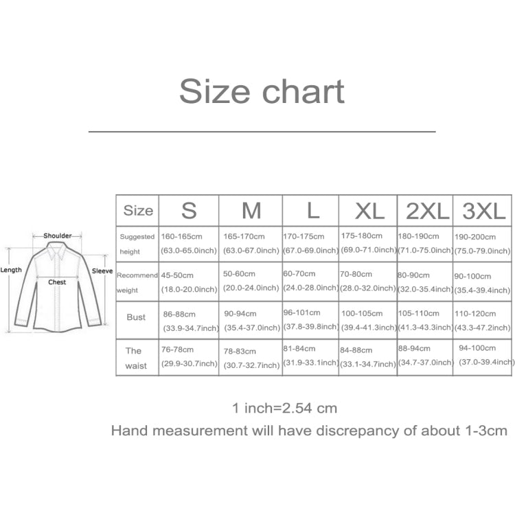 Size chart for motorcycle protective armor jacket: shoulder, chest, waist, length