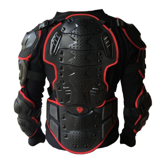 Black back armor plate with red-edged protective motorcycle jacket, padded torso