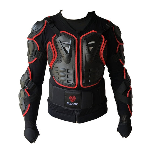 Black protective motorcycle jacket with red trim, molded chest armor and zip front