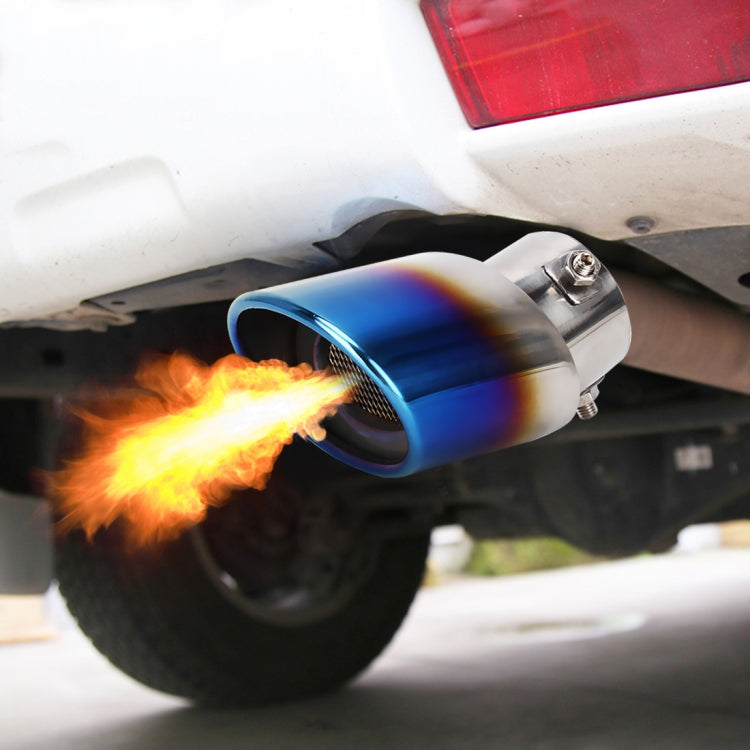 Curved stainless steel exhaust muffler tip pipe with blue finish and clamp