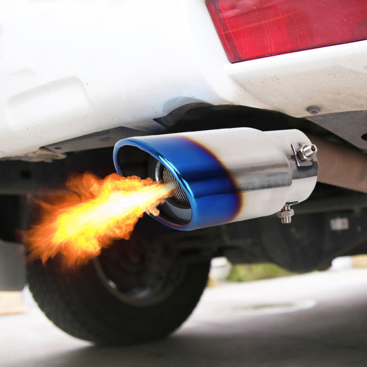 Blue straight bolt-on exhaust tailpipe tip with clamp bolts and mesh grille