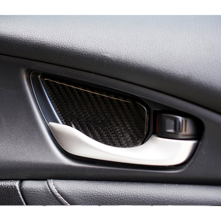 Inner door handle bowl cover trim installed on dark door panel, carbon-fiber textured insert