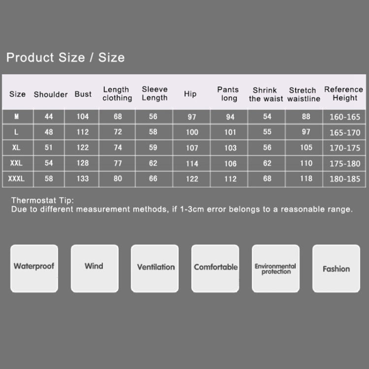 Adult rain suit size chart with measurements for size M through XXXL