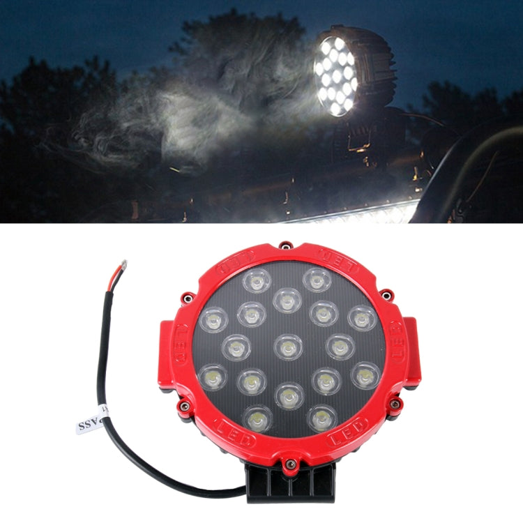 Red waterproof round LED work light with adjustable mount and black cable