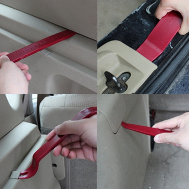 Hands using maroon pry tools to release car door and dashboard trim panels.
