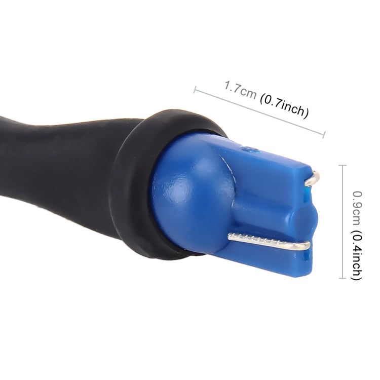Blue male bulb socket base with red/black leads, black cable boot, close-up