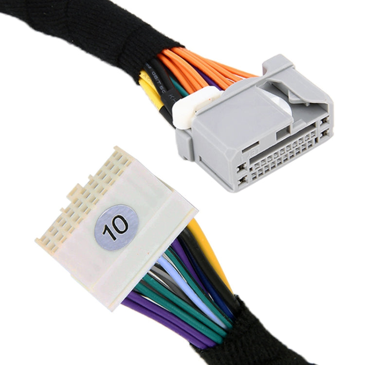 Car stereo wiring harness cable with labeled connector '10' and multicolor wires