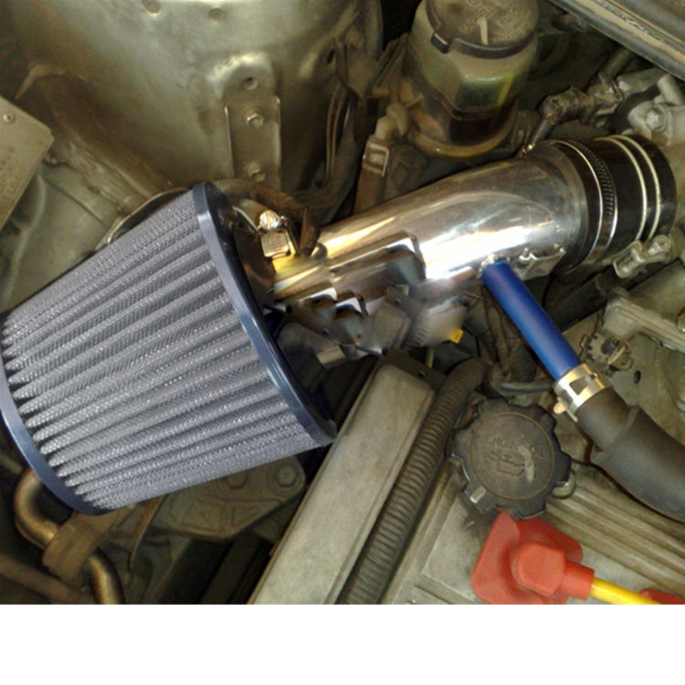 Mushroom air filter installed in engine bay, black pleated element