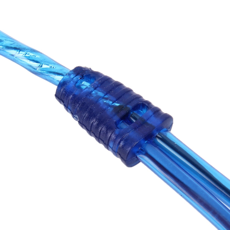 Blue cable strain relief and RCA plug detail on AV extension harness