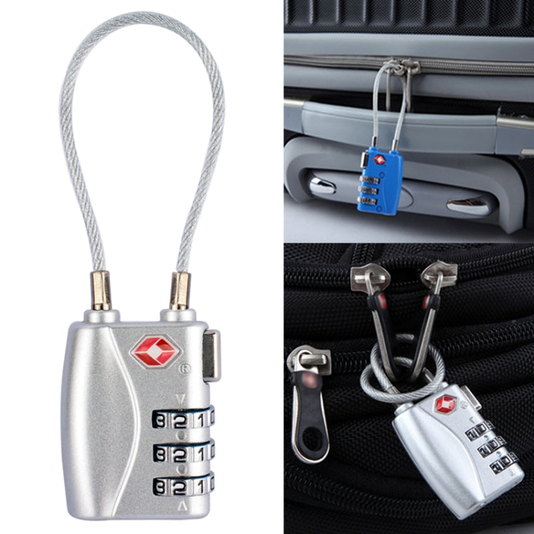 Silver 3-digit TSA luggage padlock with combination dials and metal shackle