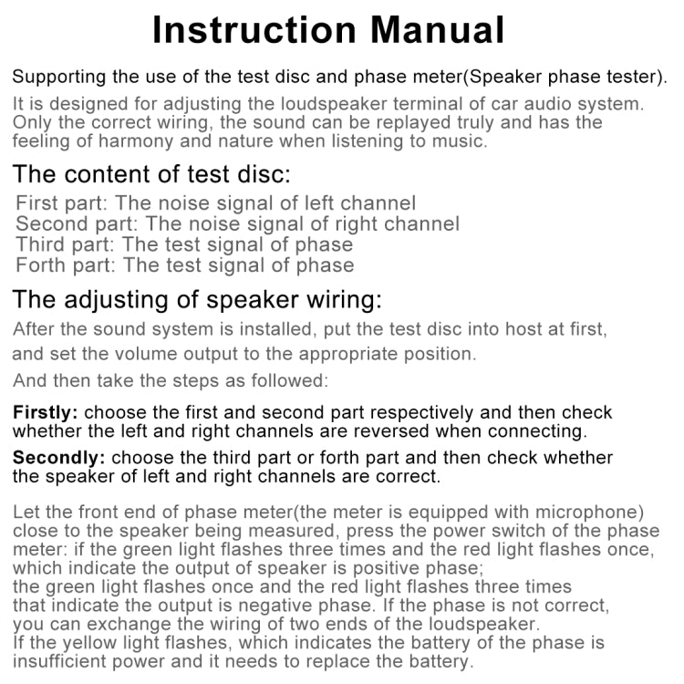 Instruction manual page for speaker polarity and phase testing, titled “Instruction Manual”