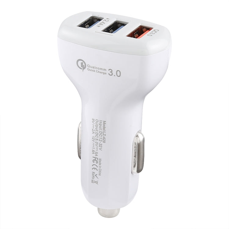 White car charger with three USB ports and metal plug, Qualcomm Quick Charge 3.0