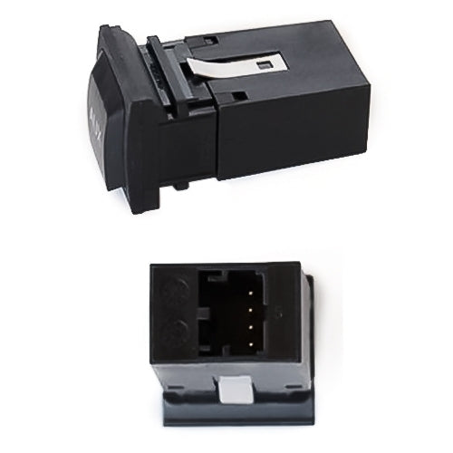 Black car AUX adapter switch plug with rear connector socket and pin contacts
