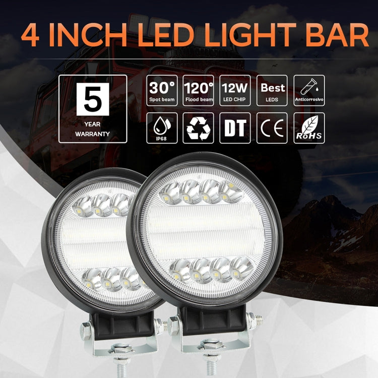 Two 4-inch round LED spot/flood work lights with black housing and mounting bracket