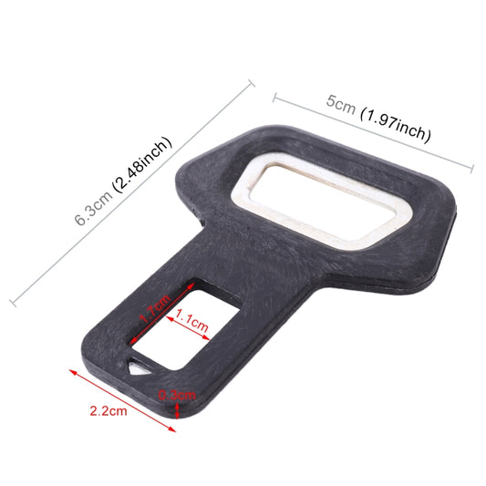 Black seat belt buckle clip with white bottle opener window and size markers