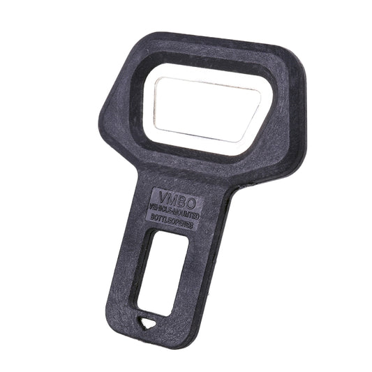 Dark gray seat belt buckle clip with built-in bottle opener