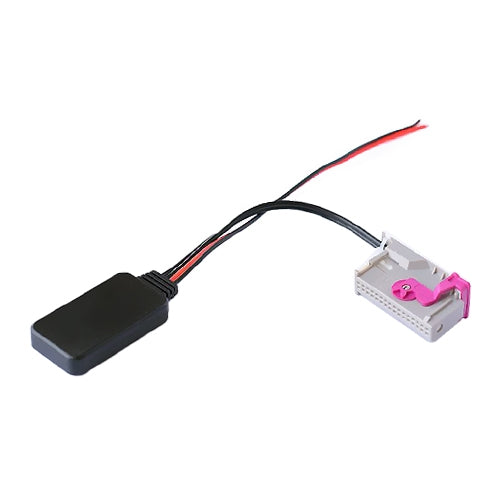 Car audio wiring harness with 32-pin plug and multi-wire lead with black inline box