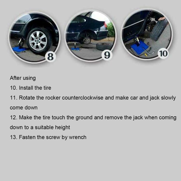 Car tire change sequence showing scissor jack removal after lowering
