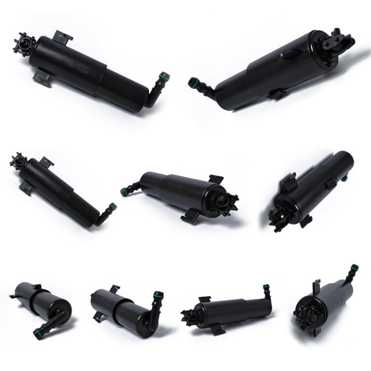 Headlight washer nozzle pump set of views, black cylinder with hose connector and tabs