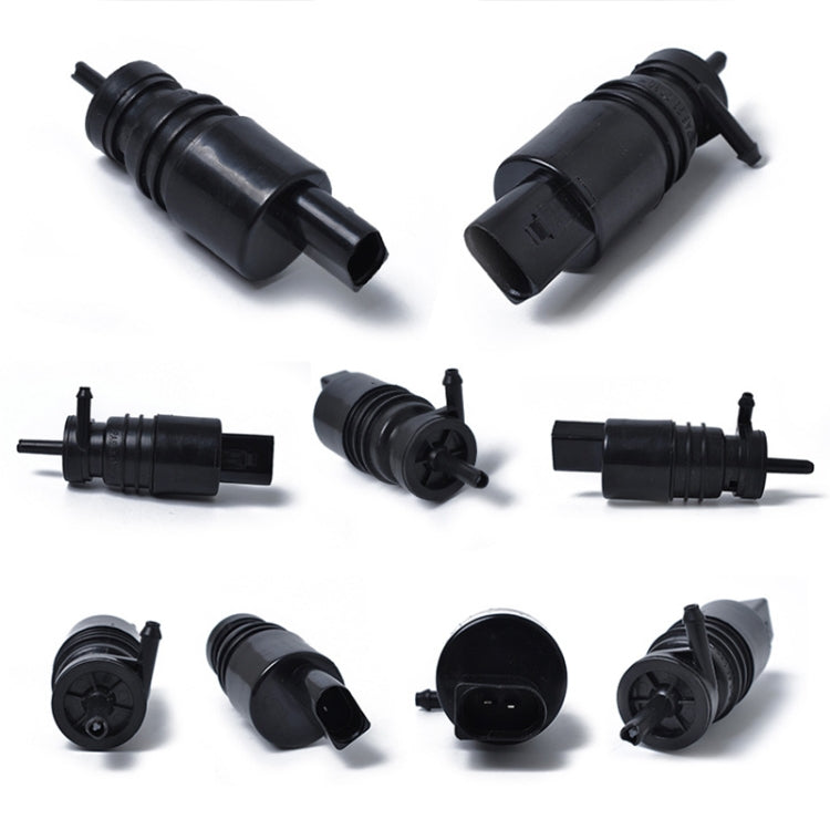 Windshield washer pump set, black plastic nozzles and connectors shown multiple angles