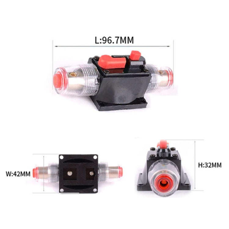 Inline fuse holder with size dimensions L96.7mm, W42mm, H32mm, red-topped