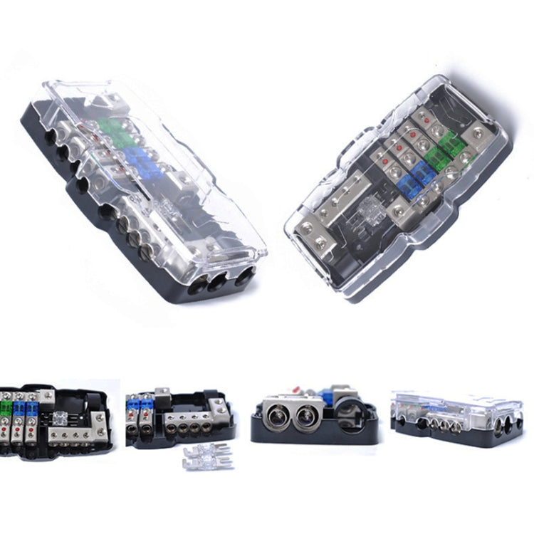 Car audio 4-way fuse block pair with clear covers showing fuse and terminal layout