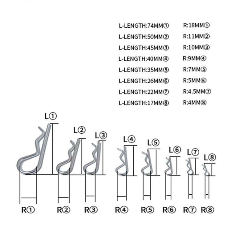 Zinc-plated cotter R clip pin size chart with labeled lengths and sample clips