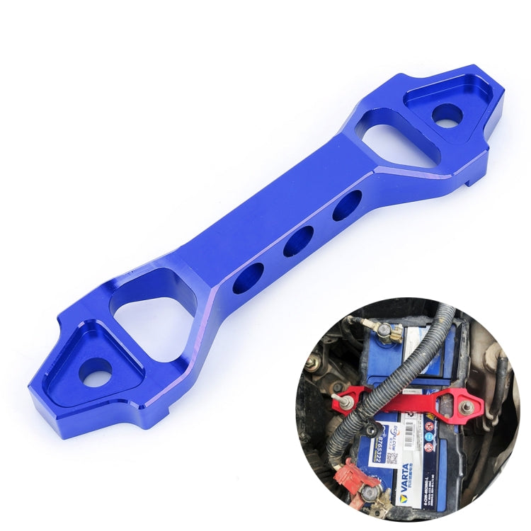Blue car battery tie-down clamp bracket with arch shape and mounting holes