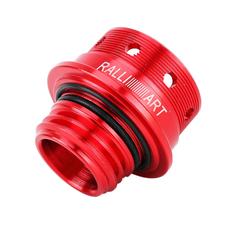 Red threaded oil cap cover with ridged ring and top ventilation cutouts