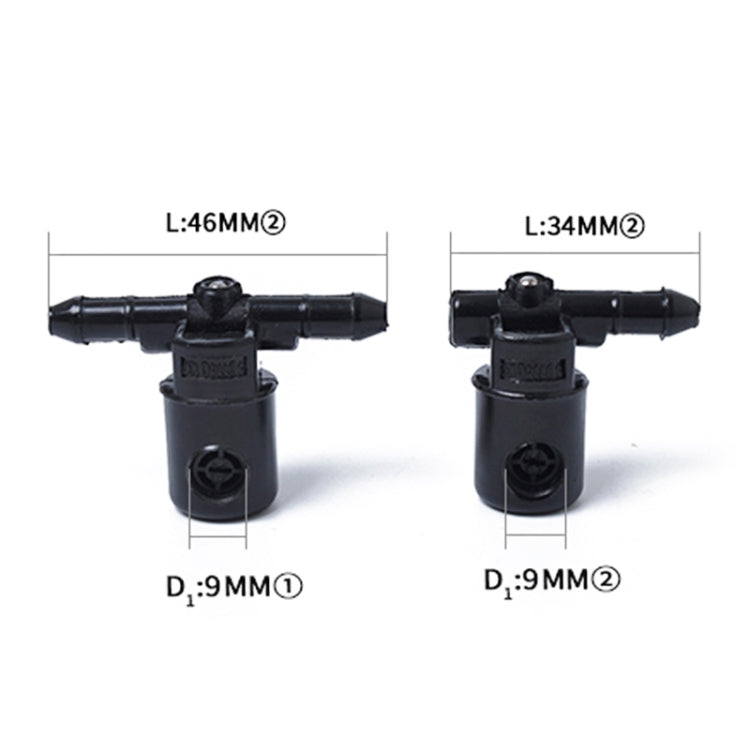 Washer jet nozzle pair with size diagram: L 46mm/34mm, D 9mm