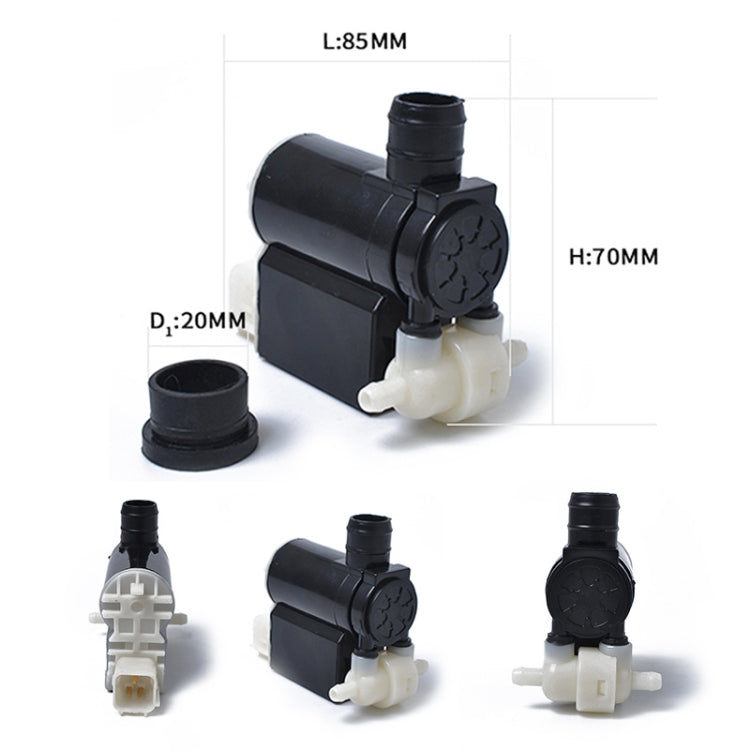 Windshield washer pump dimensions L85mm D20mm H70mm with rubber cap