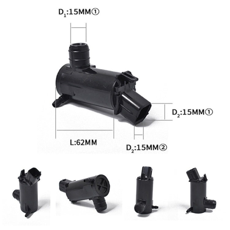 Black windshield washer pump with dimension diagram and multiple connector views