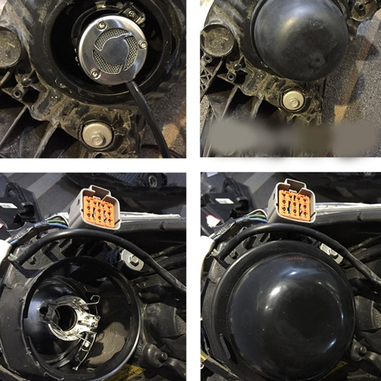 Close-up of installed black headlight dust cover caps on headlamp unit