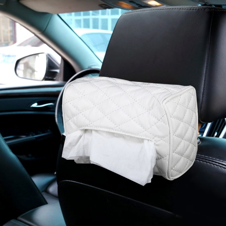 Car tissue box holder, white quilted faux leather with tissue papers in front opening