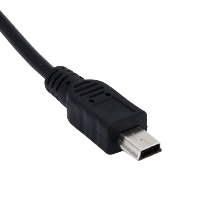 Mini USB connector on black cable, angled plug end